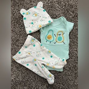 Newborn Avocado Outfit three piece pants onesie hat blue white fender neutral